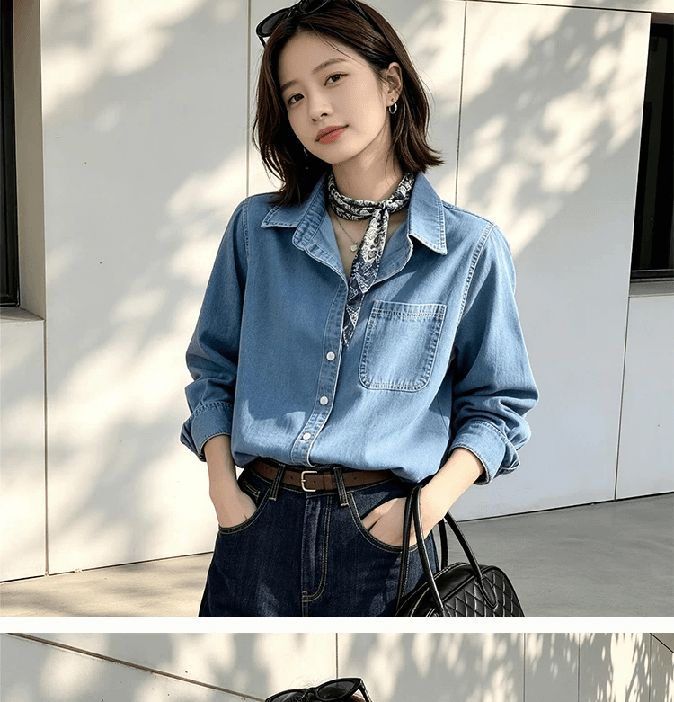가을 하늘색 부드러운 데님 여성 셔츠 레트로 항구 바람 긍정적 인 어깨 디자인 센스 셔츠 출퇴근 스택 착용 긴팔 맨위