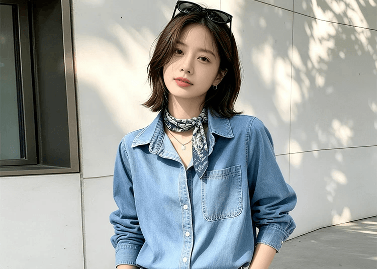 가을 하늘색 부드러운 데님 여성 셔츠 레트로 항구 바람 긍정적 인 어깨 디자인 센스 셔츠 출퇴근 스택 착용 긴팔 맨위 상세 이미지 1