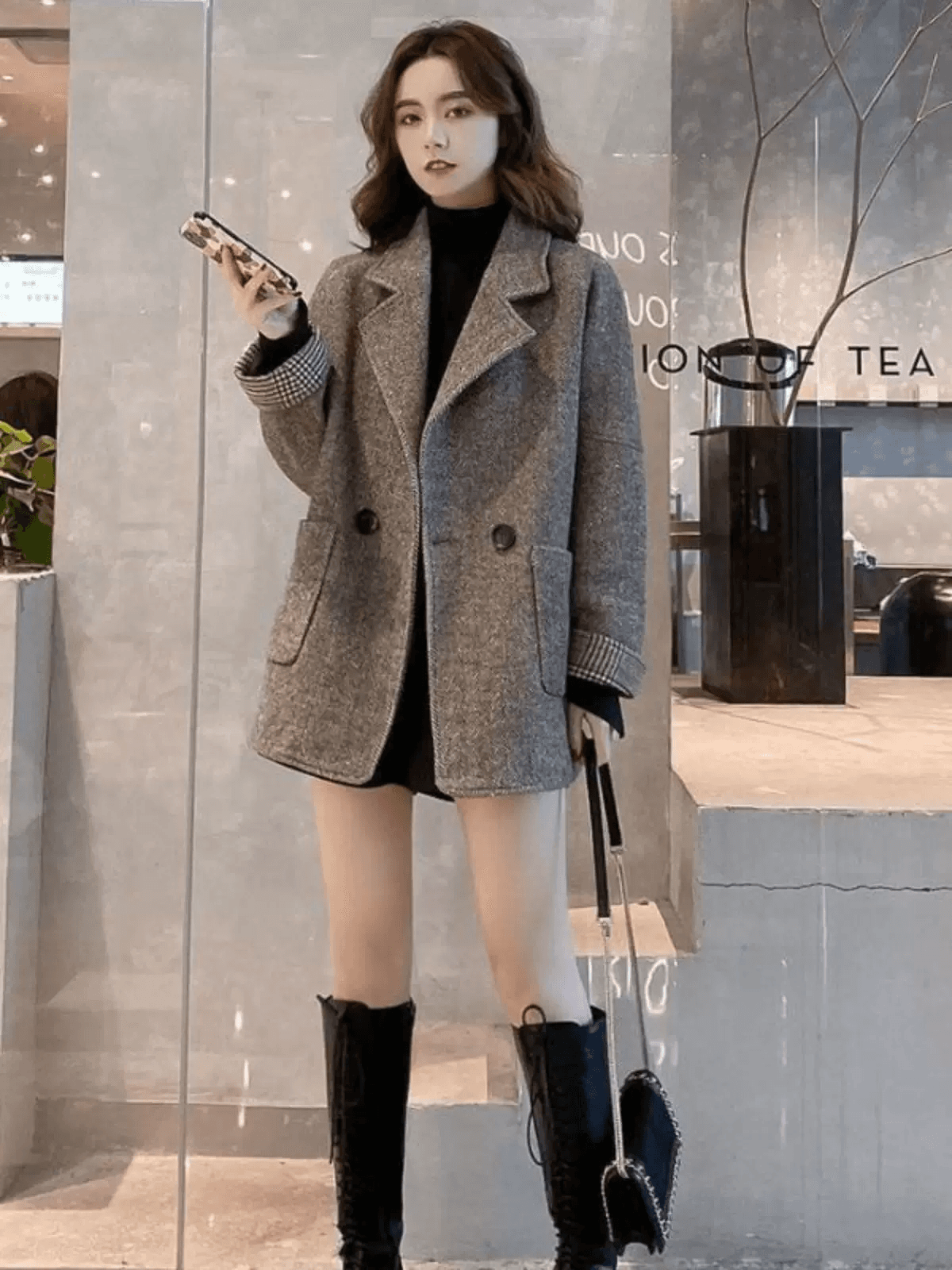 정장 여성 코트 가을 겨울철 새로운 한국 스타일 영국식 바람 모직 루즈핏 슬림해 보이는 캐주얼 작은 정장 맨위 귀 머프