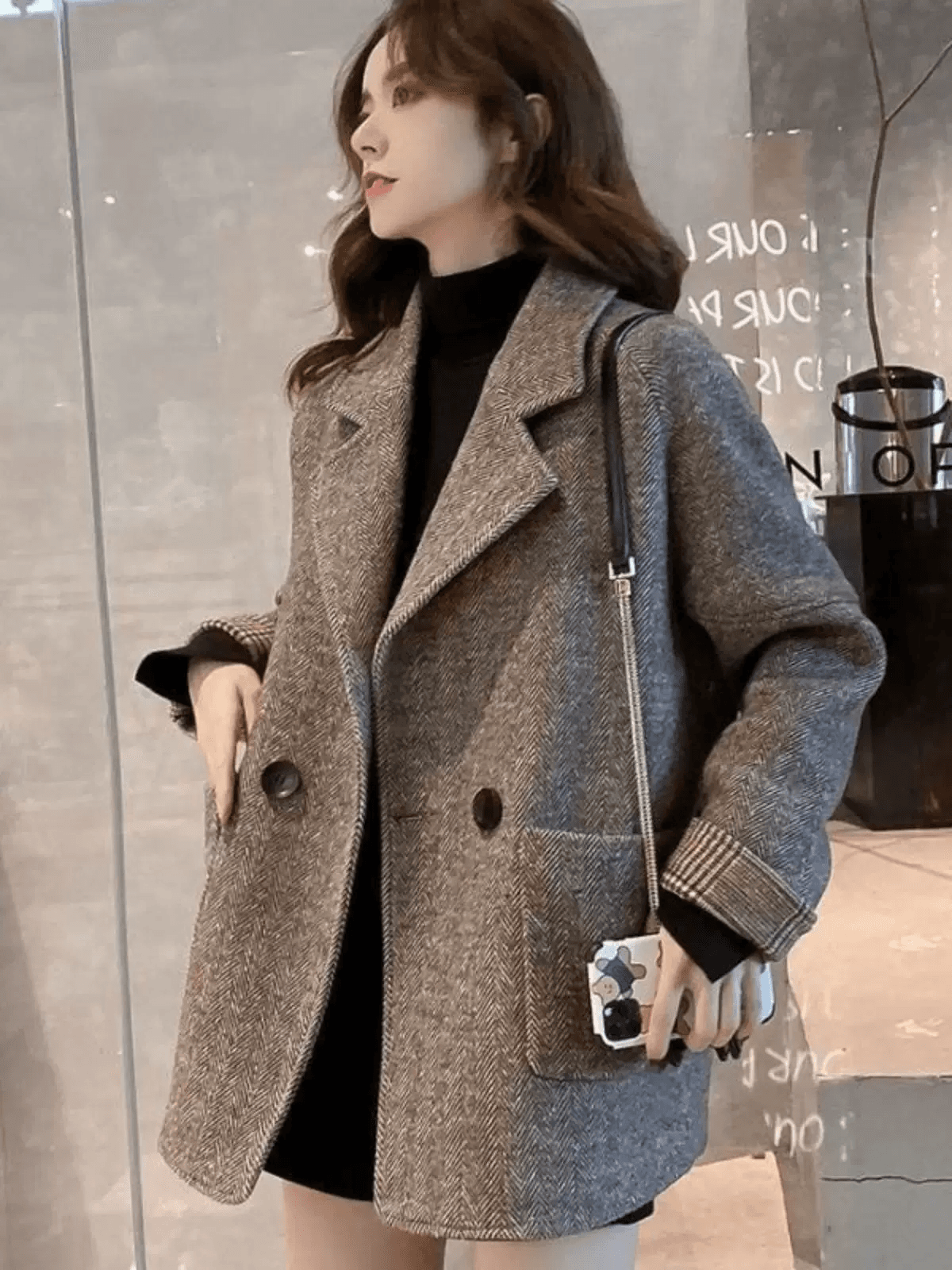 정장 여성 코트 가을 겨울철 새로운 한국 스타일 영국식 바람 모직 루즈핏 슬림해 보이는 캐주얼 작은 정장 맨위 귀 머프 이미지 2