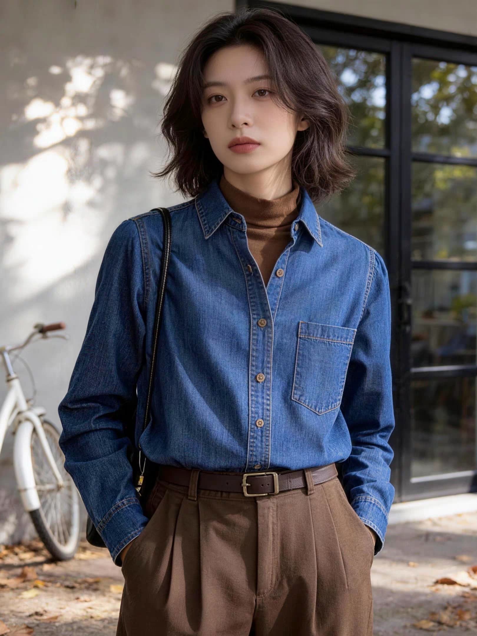 레트로 데님 여성 셔츠 봄 가을 폴로 칼라 긴팔 루즈핏 출퇴근 바람 진한 파란색 스택 착용 셔츠 홍콩 느낌 맨위 이미지 2