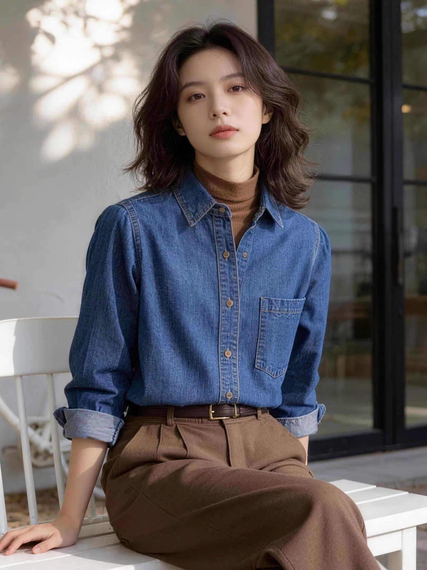 레트로 데님 여성 셔츠 봄 가을 폴로 칼라 긴팔 루즈핏 출퇴근 바람 진한 파란색 스택 착용 셔츠 홍콩 느낌 맨위 상세 이미지 1
