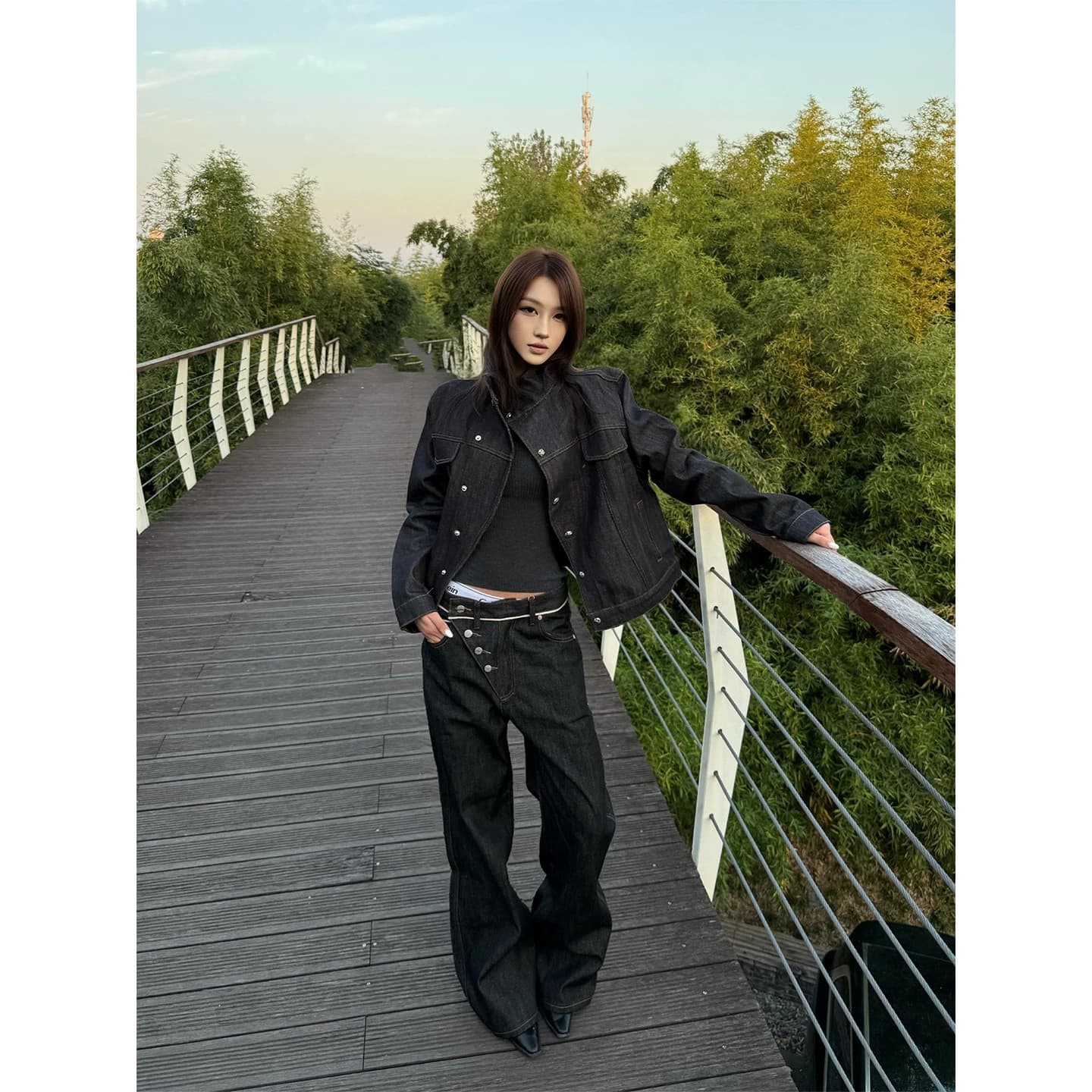 한국 cleanfit 비스듬한 襟 스탠드 칼라 자르기 클래식 짧은 와이드 원본 암소 딱딱한 루즈핏 데님 재킷 재킷 남녀 상세 이미지 4