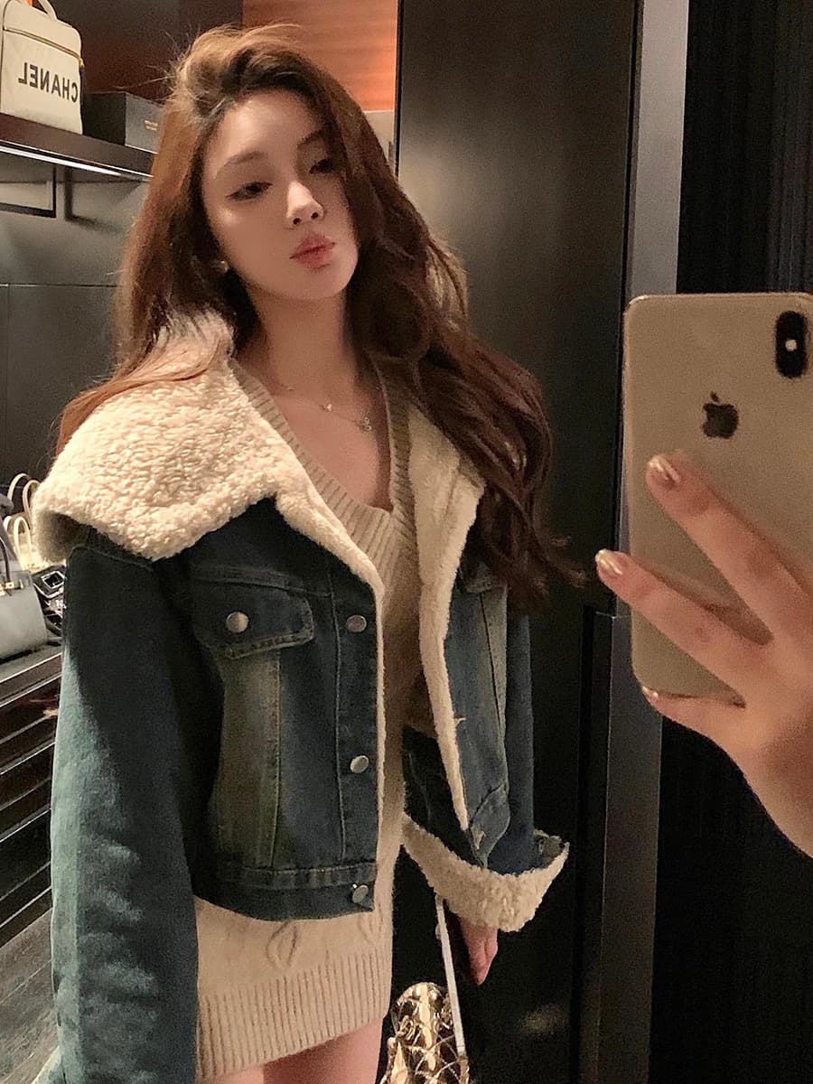 치우 고기 야오 폴로 칼라 양털 털이 있는 데님 여성 코트 겨울 두꺼운 짧은 외투 상세 이미지 3