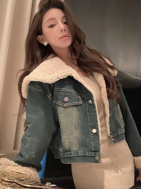 치우 고기 야오 폴로 칼라 양털 털이 있는 데님 여성 코트 겨울 두꺼운 짧은 외투 상세 이미지 4