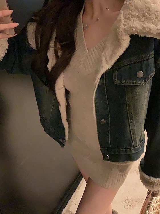 치우 고기 야오 폴로 칼라 양털 털이 있는 데님 여성 코트 겨울 두꺼운 짧은 외투 이미지 4