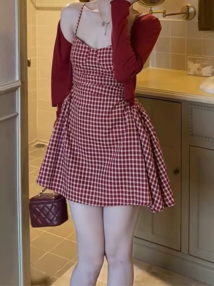 2026 새로운 이른 가을 빨간색 오픈 가디건 체크무늬 슬립 드레스 아이들 여름 그레이트 통해보기 가져 가라. 세트 미니 스커트 상세 이미지 4