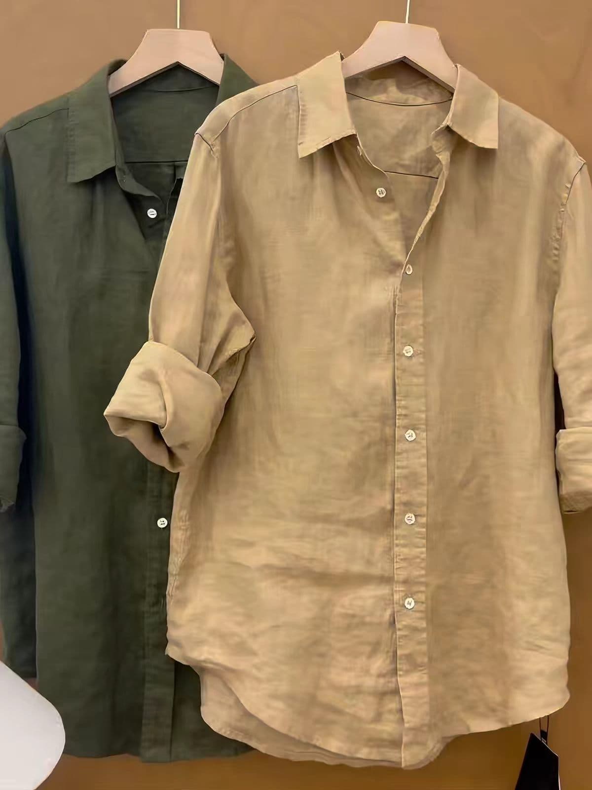 고급 오래된 돈 바람 레트로 카키 색 아마 여성 셔츠 2026 년 봄 여름 품격 폴로 칼라 패션 맨위