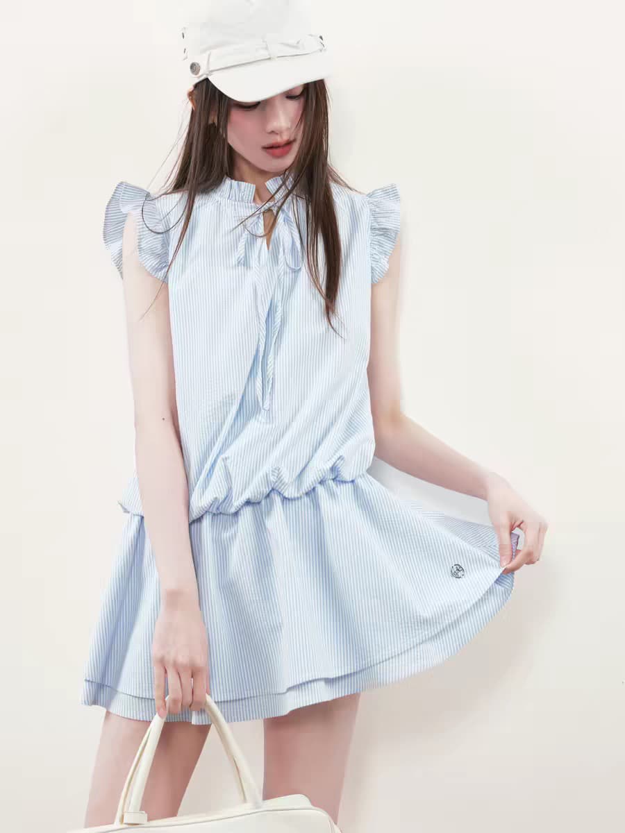 rpb brand 캐주얼 바람 하늘색 스트라이프 한 마디 여성 드레스 거품 소매 스탠드 칼라 Pleat 측면 달콤함 미니 스커트 상세 이미지 1