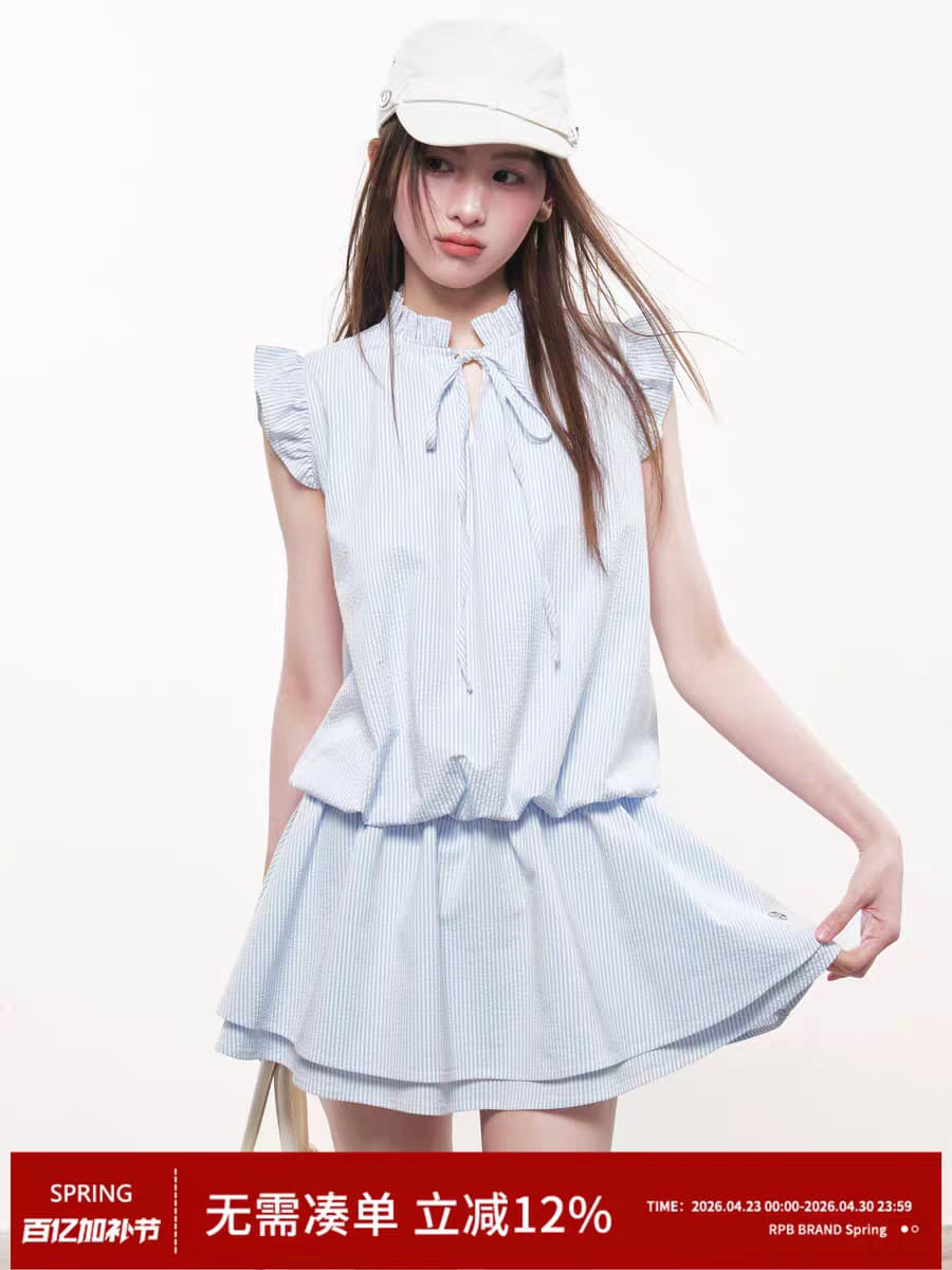 rpb brand 캐주얼 바람 하늘색 스트라이프 한 마디 여성 드레스 거품 소매 스탠드 칼라 Pleat 측면 달콤함 미니 스커트 상세 이미지 2