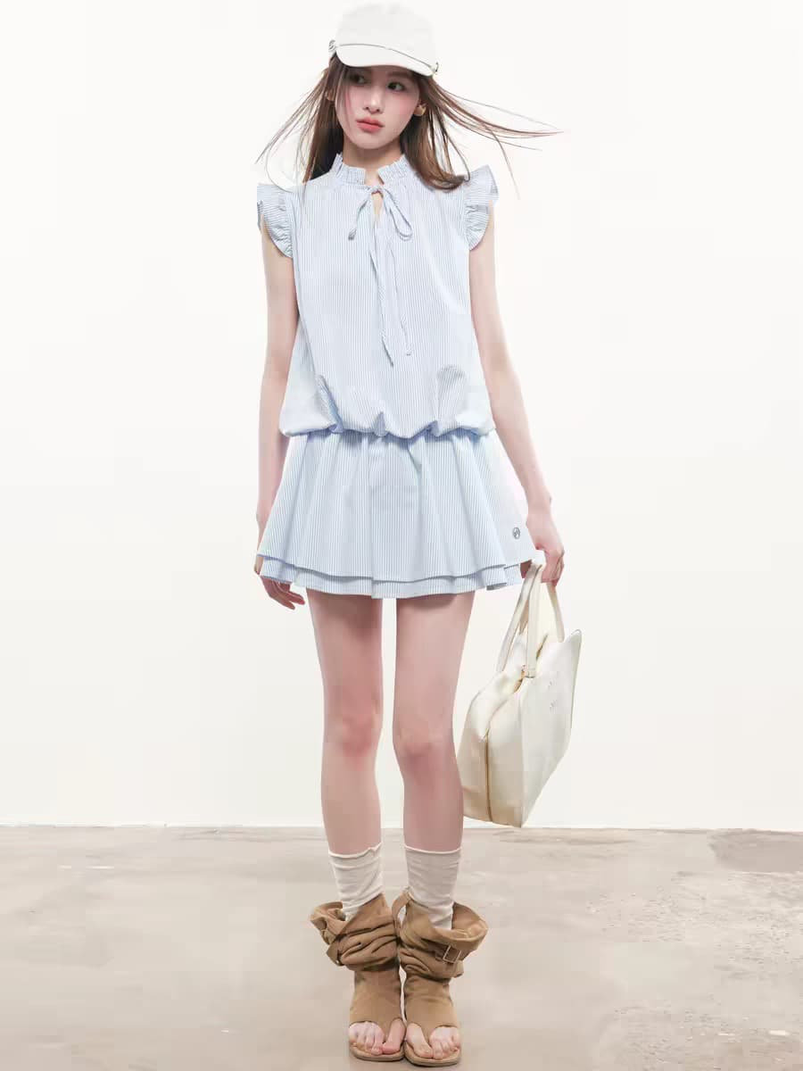 rpb brand 캐주얼 바람 하늘색 스트라이프 한 마디 여성 드레스 거품 소매 스탠드 칼라 Pleat 측면 달콤함 미니 스커트 상세 이미지 3