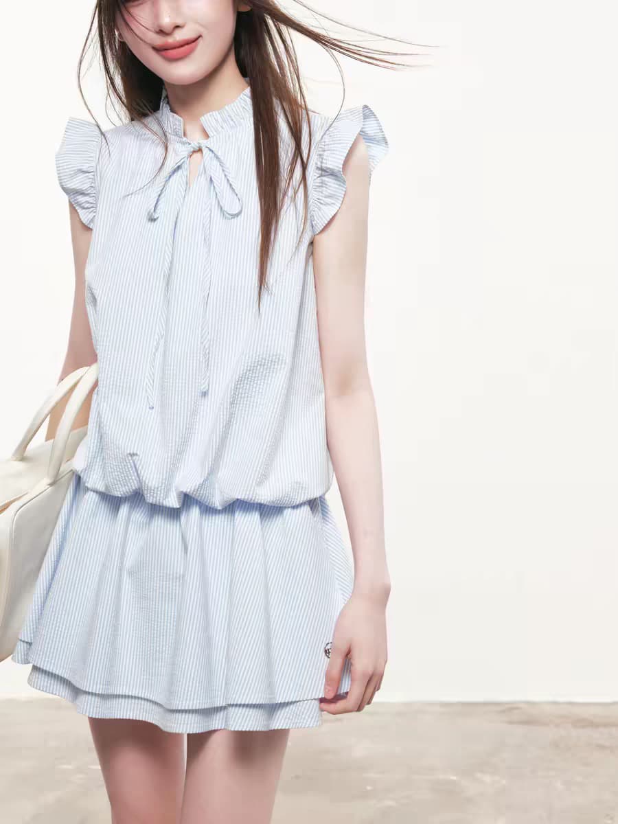 rpb brand 캐주얼 바람 하늘색 스트라이프 한 마디 여성 드레스 거품 소매 스탠드 칼라 Pleat 측면 달콤함 미니 스커트 상세 이미지 4