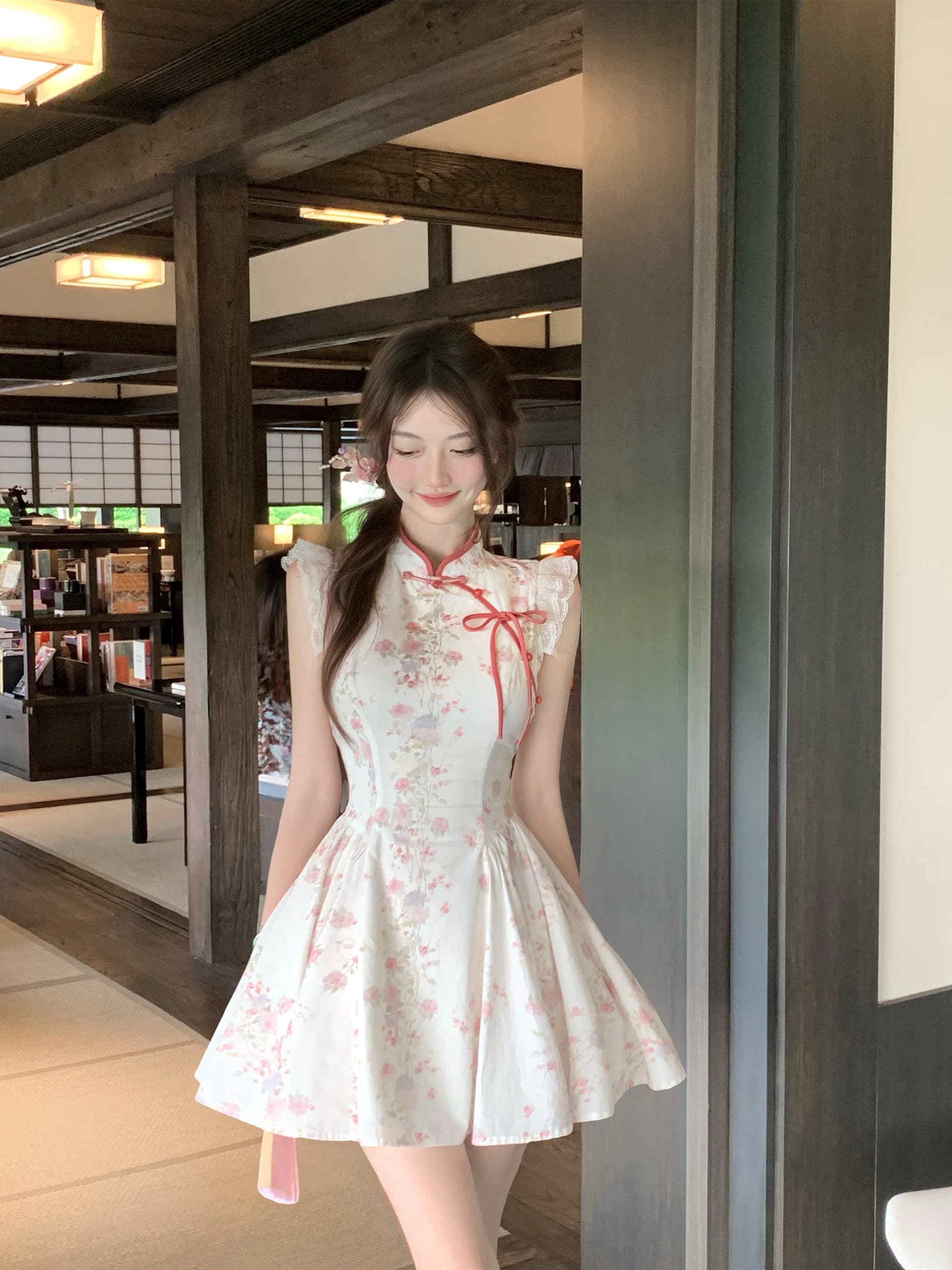 q 여자 집 4 17 이것 만 팥 더블 버전 새로운 중식 국풍 세트 염색 레이스 허리 수축 점프 슈트 치마 세트 이미지 3