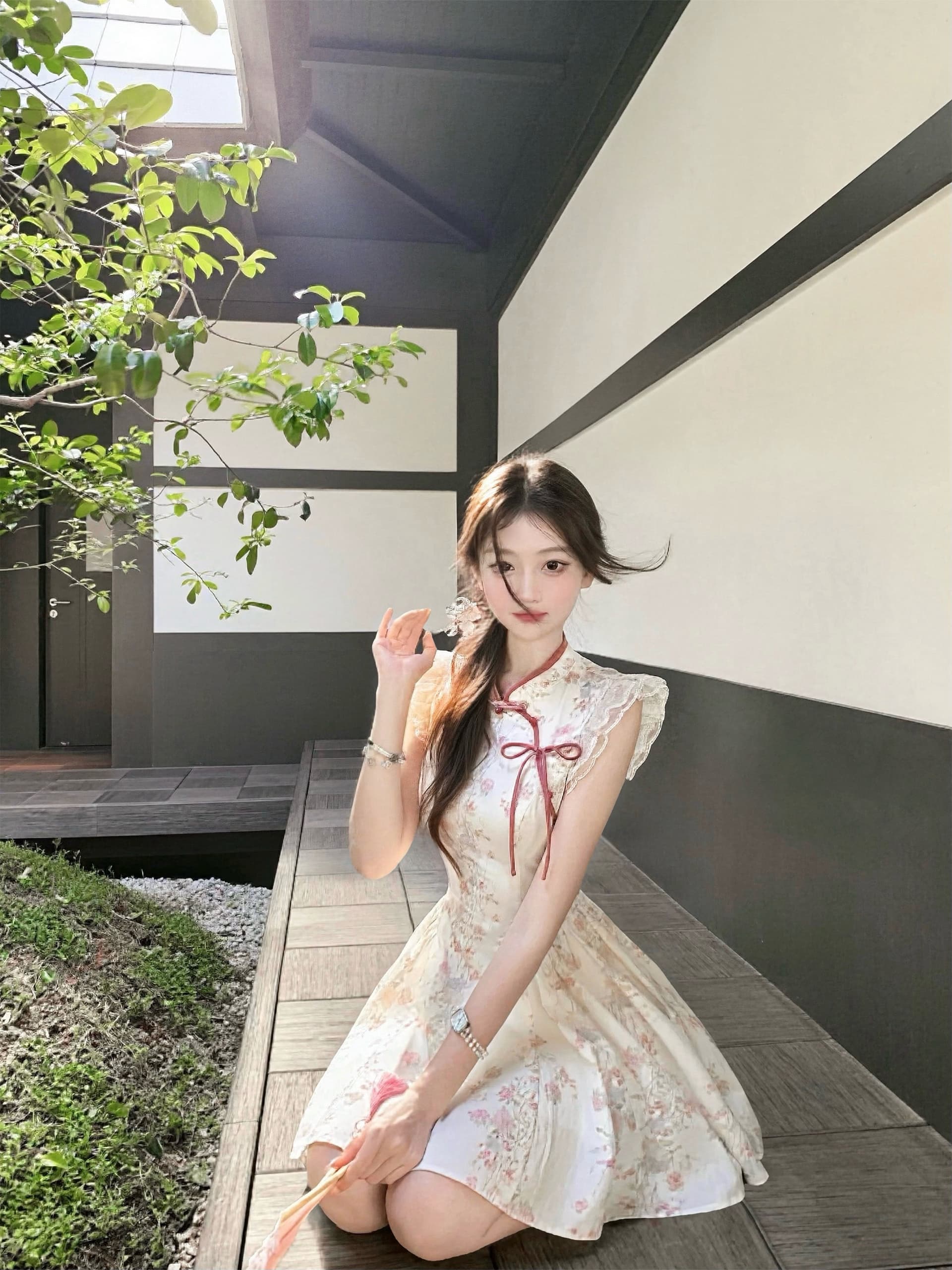 q 여자 집 4 17 이것 만 팥 더블 버전 새로운 중식 국풍 세트 염색 레이스 허리 수축 점프 슈트 치마 세트 상세 이미지 2