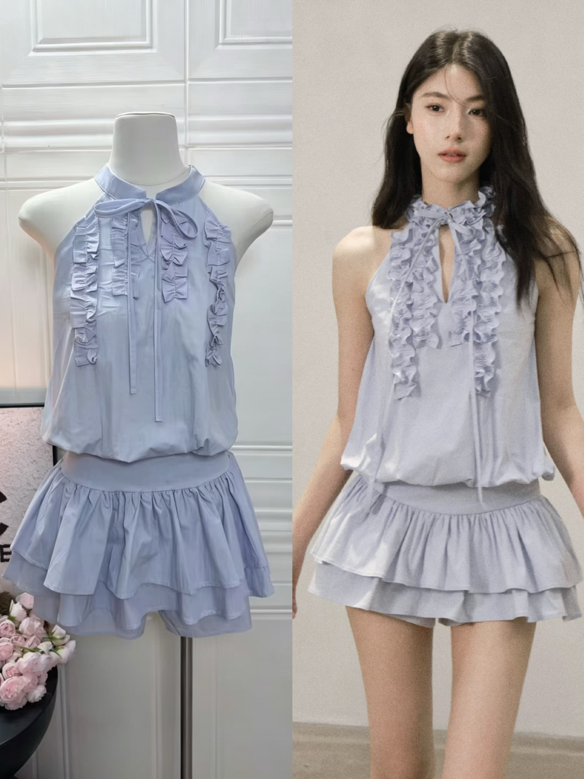mist filled 오리지널 주름 프릴 행침 목 민소매 조끼 점프 슈트 미니 스커트 여성 여름 이미지 2