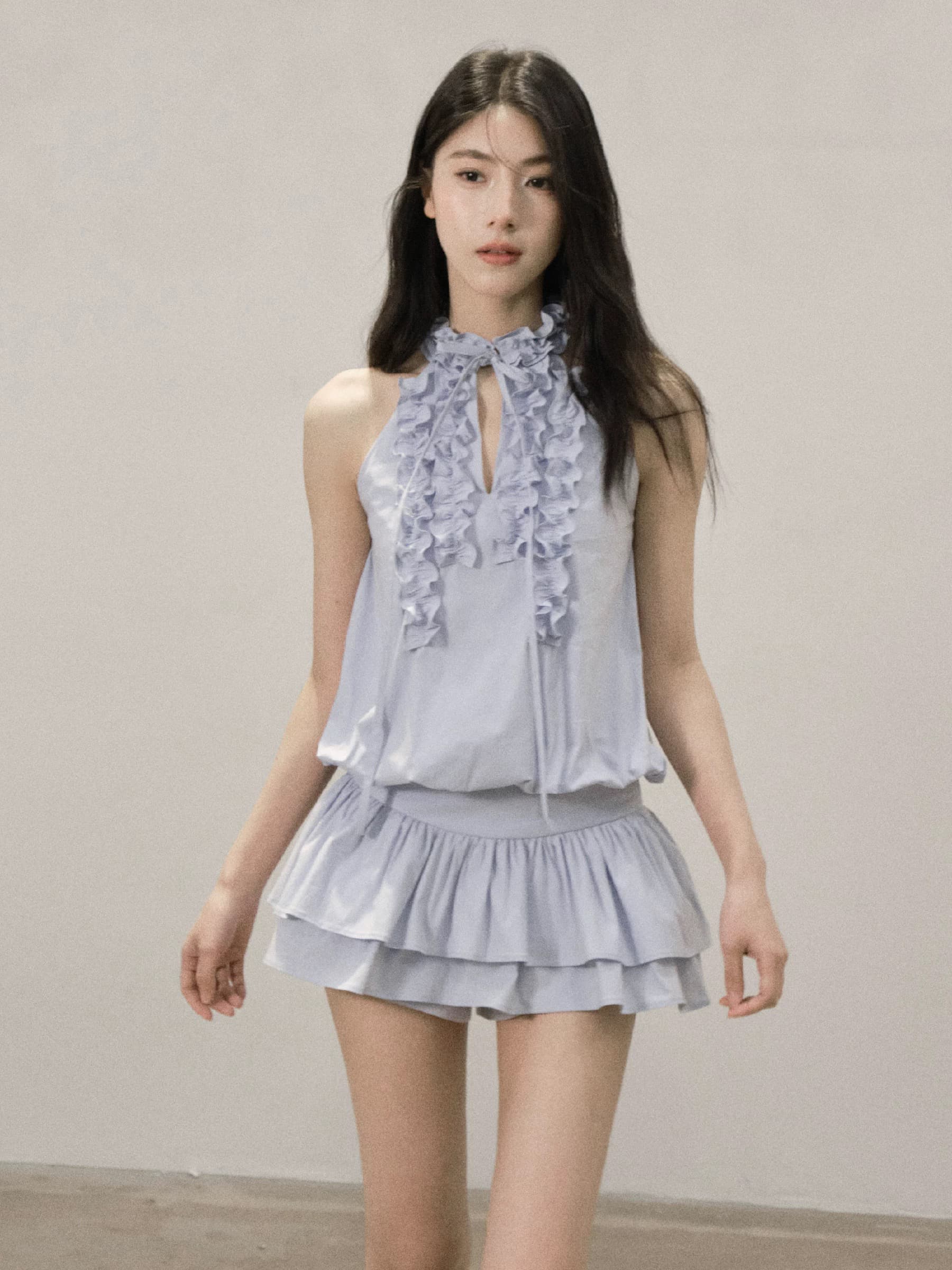 mist filled 오리지널 주름 프릴 행침 목 민소매 조끼 점프 슈트 미니 스커트 여성 여름 상세 이미지 1