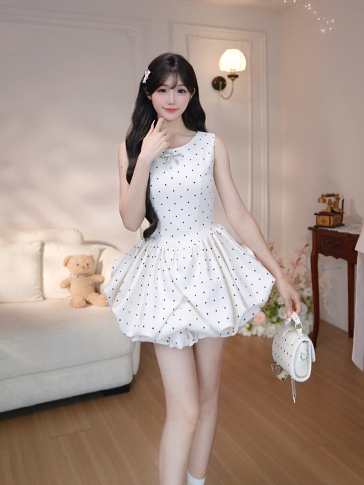 기타 한 작은 물고기 musefish 다중 레이어 꿈 나라 프랑스식 천 금빛 바람 도트 무늬 꽃밭 퍼프 스커트 민소매 드레스 이미지 2