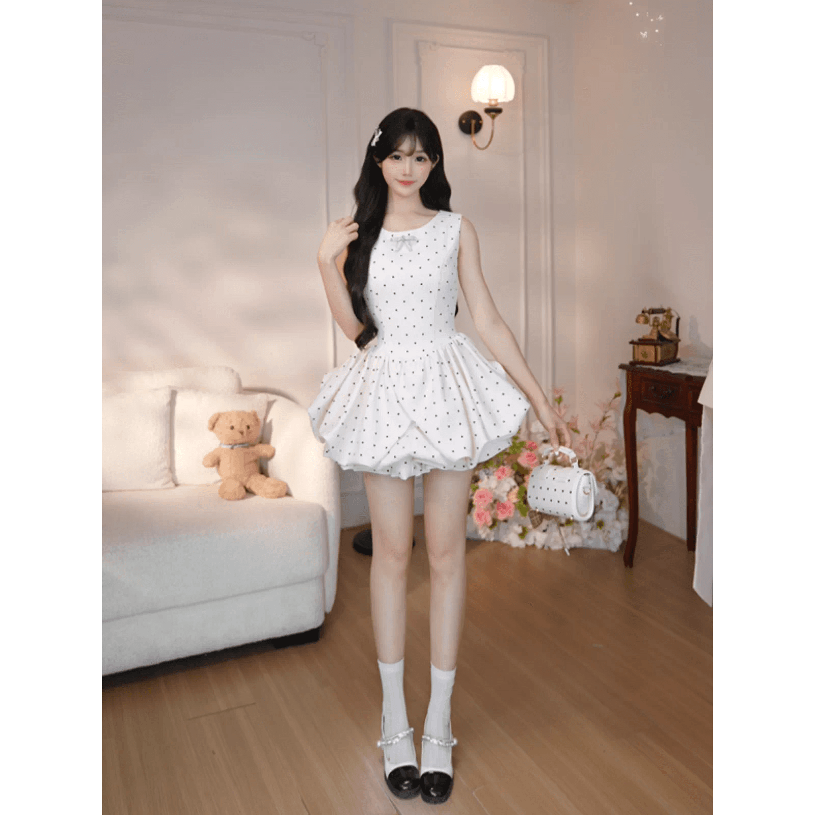 기타 한 작은 물고기 musefish 다중 레이어 꿈 나라 프랑스식 천 금빛 바람 도트 무늬 꽃밭 퍼프 스커트 민소매 드레스 이미지 5