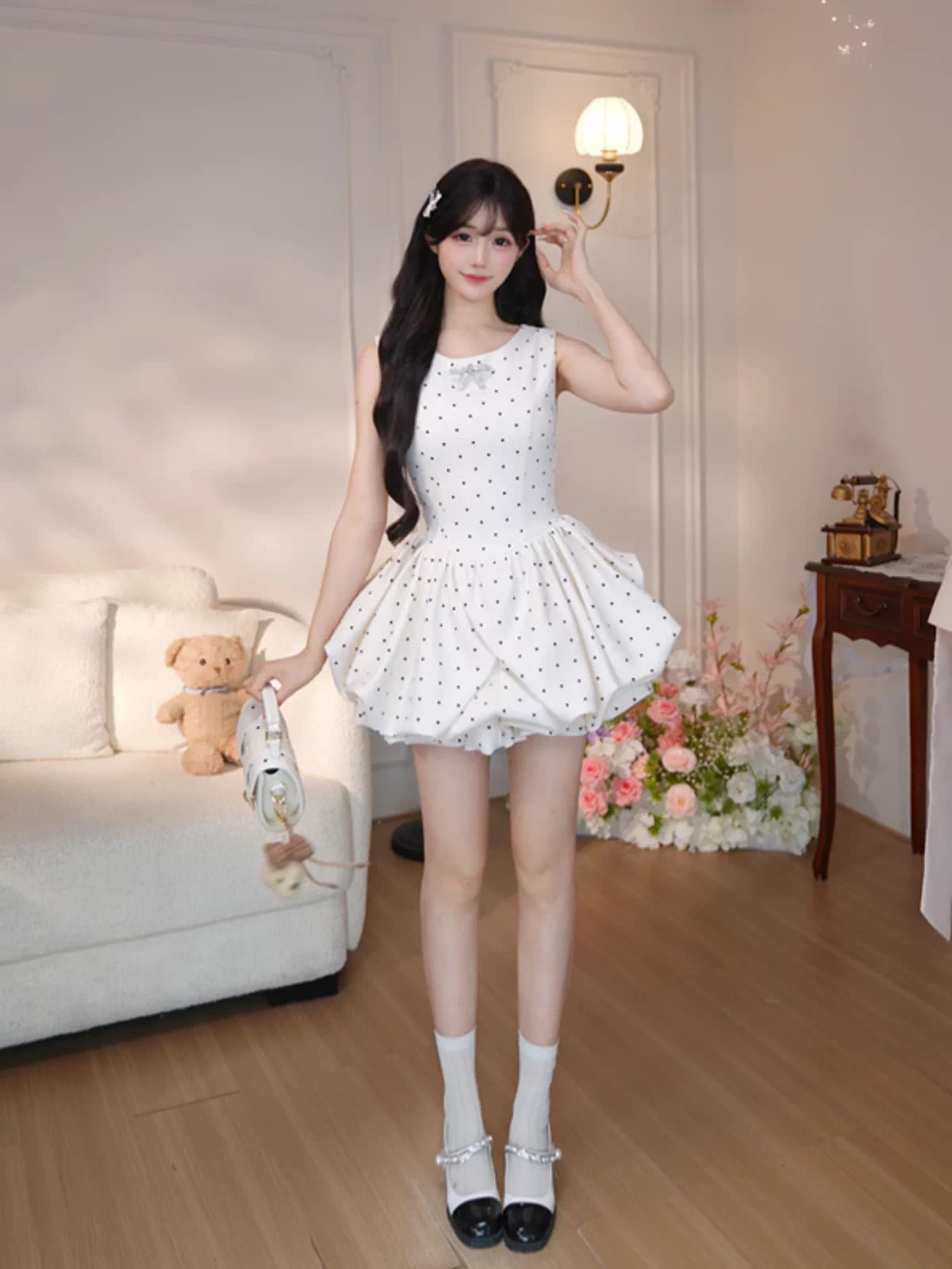 기타 한 작은 물고기 musefish 다중 레이어 꿈 나라 프랑스식 천 금빛 바람 도트 무늬 꽃밭 퍼프 스커트 민소매 드레스 상세 이미지 4