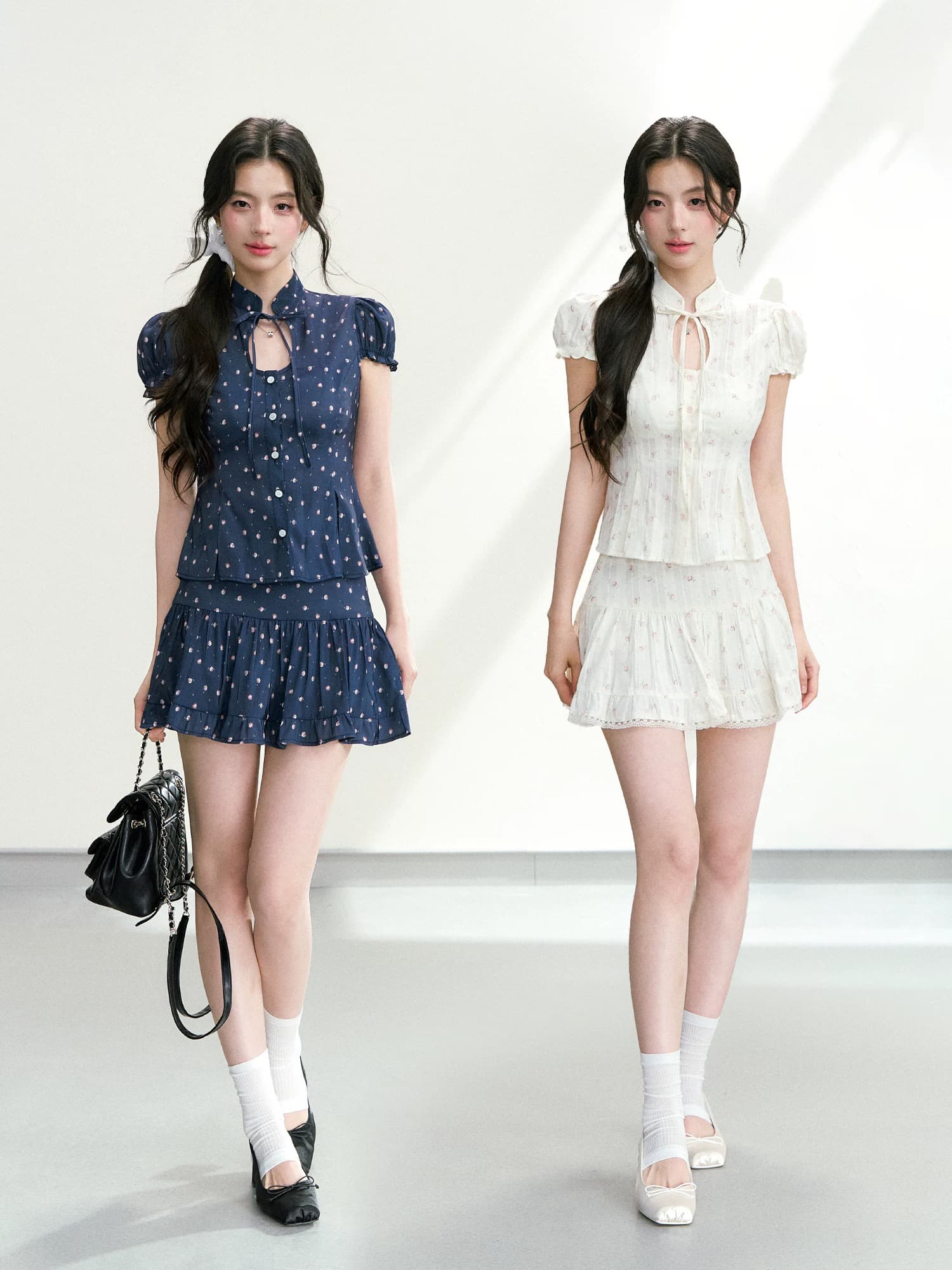 qdqd 새로운 중식 달콤함 홀로우 아웃 스탠드 칼라 거품 소매 꽃무늬 반팔 맨위 허리 수축 슬림해 보이는 미니 스커트 세트 여름 이미지 4