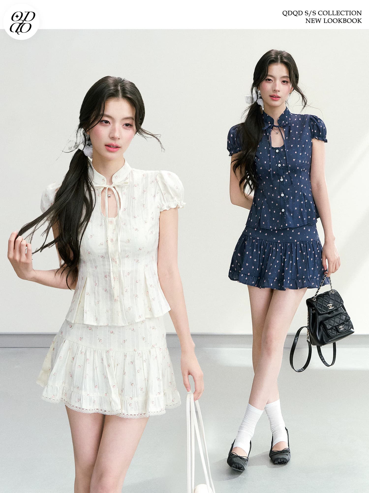 qdqd 새로운 중식 달콤함 홀로우 아웃 스탠드 칼라 거품 소매 꽃무늬 반팔 맨위 허리 수축 슬림해 보이는 미니 스커트 세트 여름 상세 이미지 1