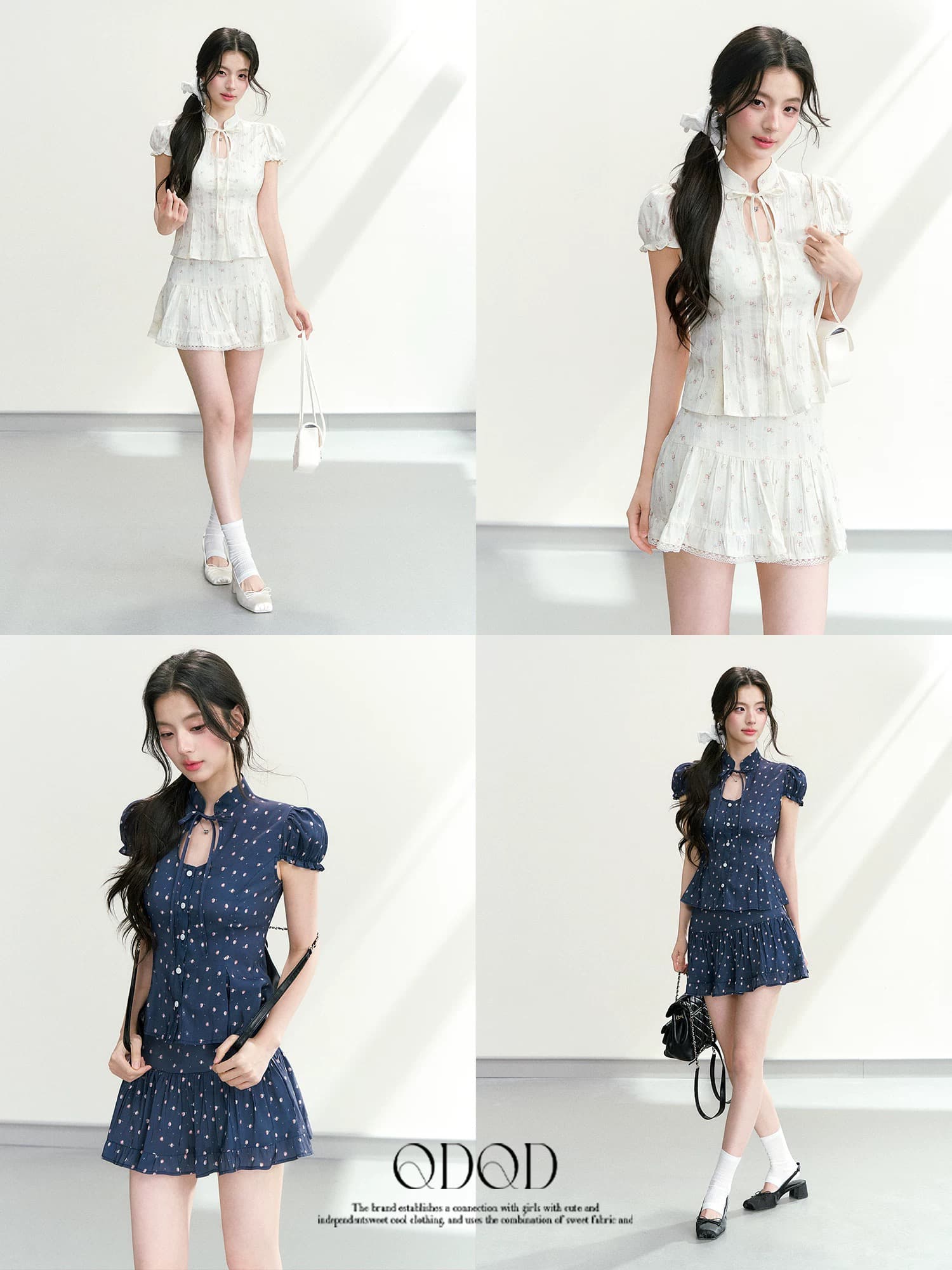 qdqd 새로운 중식 달콤함 홀로우 아웃 스탠드 칼라 거품 소매 꽃무늬 반팔 맨위 허리 수축 슬림해 보이는 미니 스커트 세트 여름 상세 이미지 3
