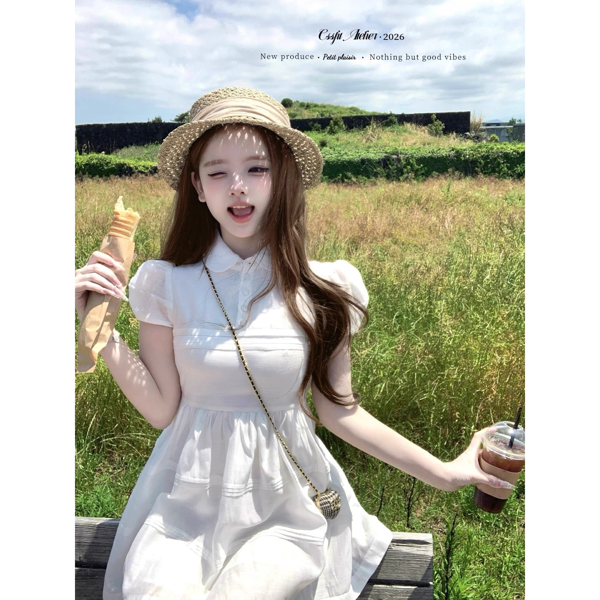 늦게 우산 우산 26 ss 빛 프로필 자르기 피터 팬 자수 폴로 칼라 민소매 반팔 드레스 이미지 5