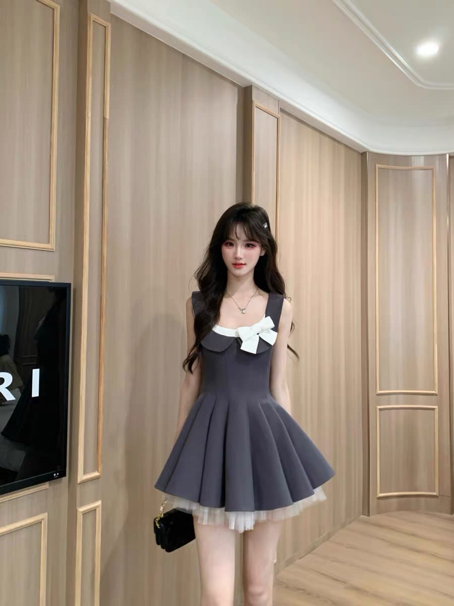 기타 한 작은 물고기 musefish 한 여성 로이터 프랑스식 천 금빛 바람 드레스 허리 수축 품격 퍼프 스커트 여성 여름 상세 이미지 5