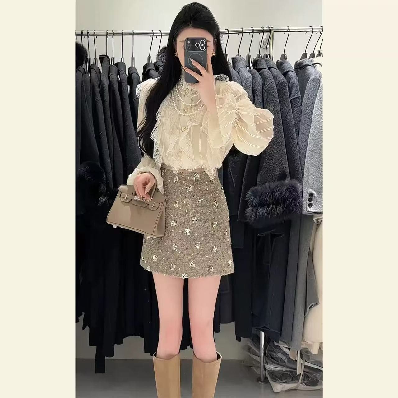 자이언트 잘 생긴 ~ 중 봄 드레스 전체 집합 명문 여성 품격 빛 럭셔리 고급 센스 작은 샤넬 스타일 살구 색상 셔츠 반신 치마 세트 상세 이미지 4