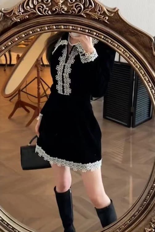 천 금빛 바람 검정색 레이스 조각 여성 드레스 2026 새로운 빛 럭셔리 레트로 명문 여성 품격 한 마디 짧은 치마 이미지 7
