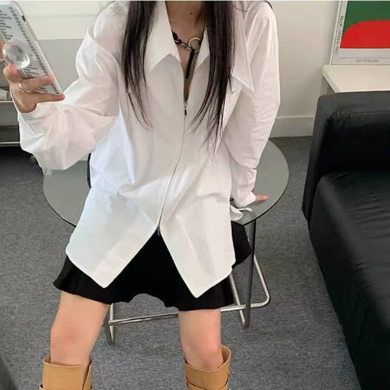 레드 맨 파빌리온 지퍼 여성 셔츠 봄 2026 새로운 디자인 센스 작은 대중 고급 센스 긴팔 화이트 인사이드 가져 가라. 셔츠 이미지 6