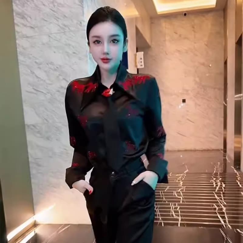 프랑스식 POLO 칼라 새틴 긴팔 여성 셔츠 봄 2026 새로운 디자인 센스 넥타이 핫픽스 오픈 가디건 맨위 상세 이미지 6