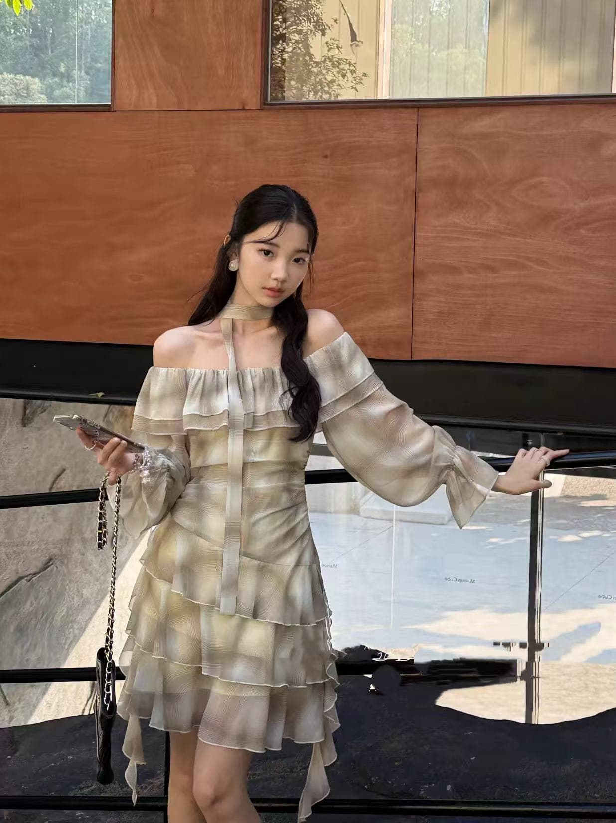 봄 여름 새로운 품격 오프숄더 프릴 여성 얇은 스타일 드레스 부드러운 분위기 센스 체크무늬 쉬폰 치마 이미지 3