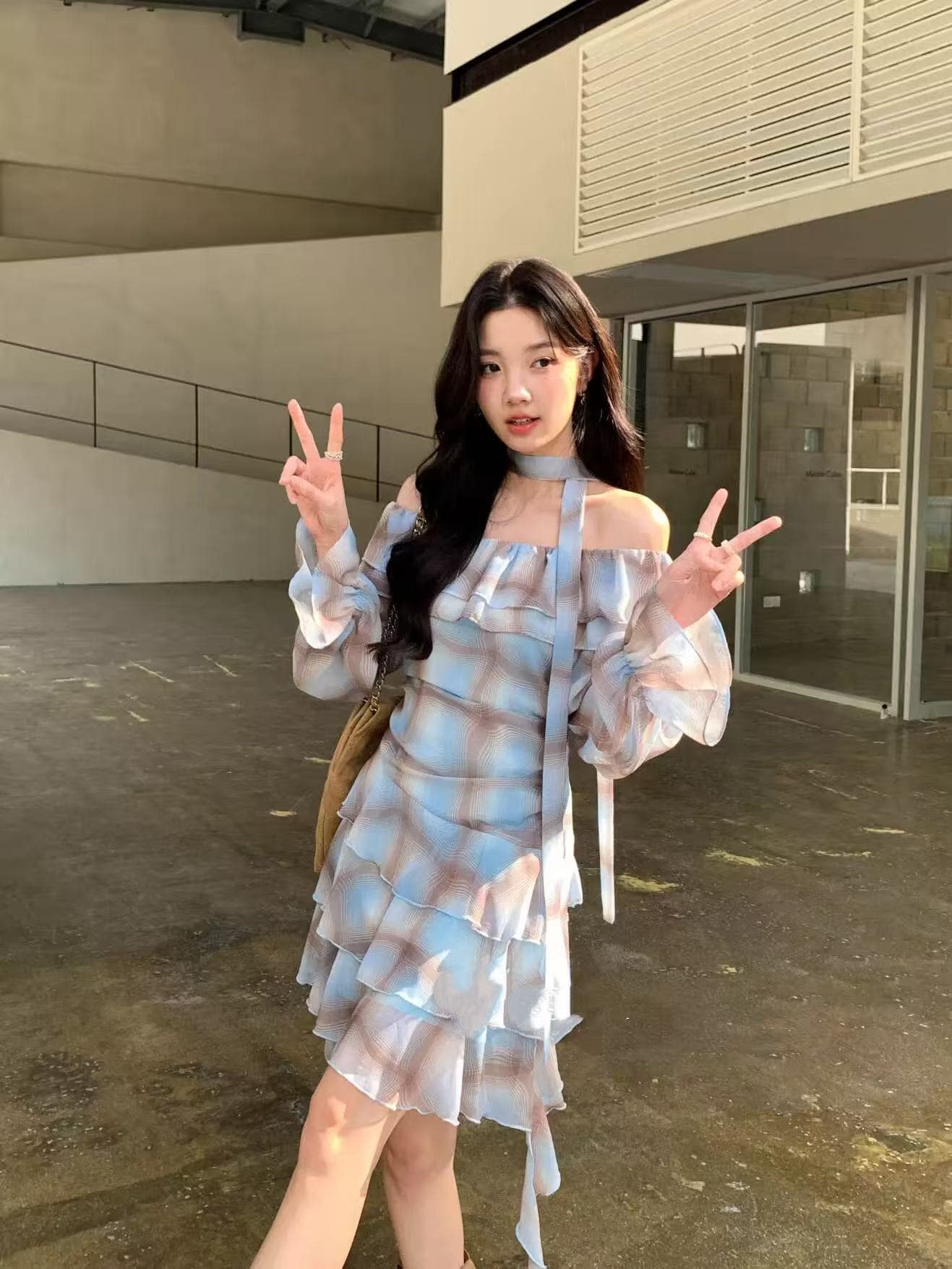봄 여름 새로운 품격 오프숄더 프릴 여성 얇은 스타일 드레스 부드러운 분위기 센스 체크무늬 쉬폰 치마 상세 이미지 2