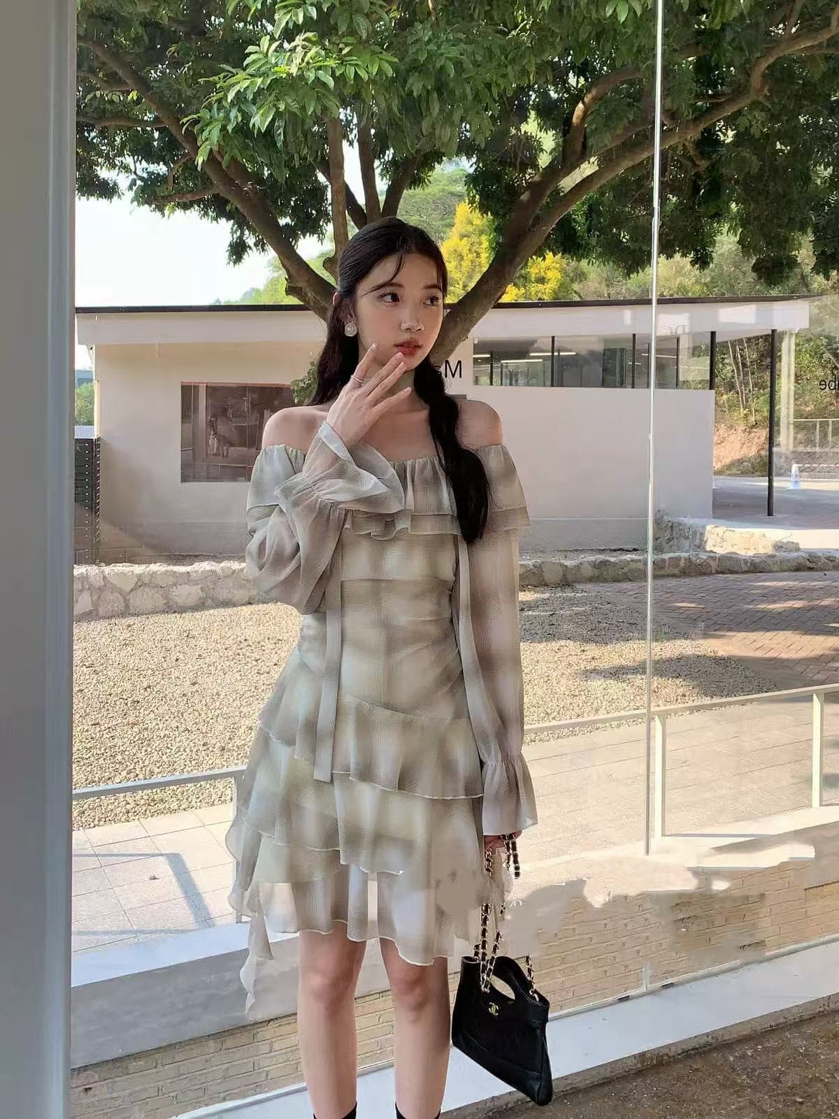 봄 여름 새로운 품격 오프숄더 프릴 여성 얇은 스타일 드레스 부드러운 분위기 센스 체크무늬 쉬폰 치마 상세 이미지 7