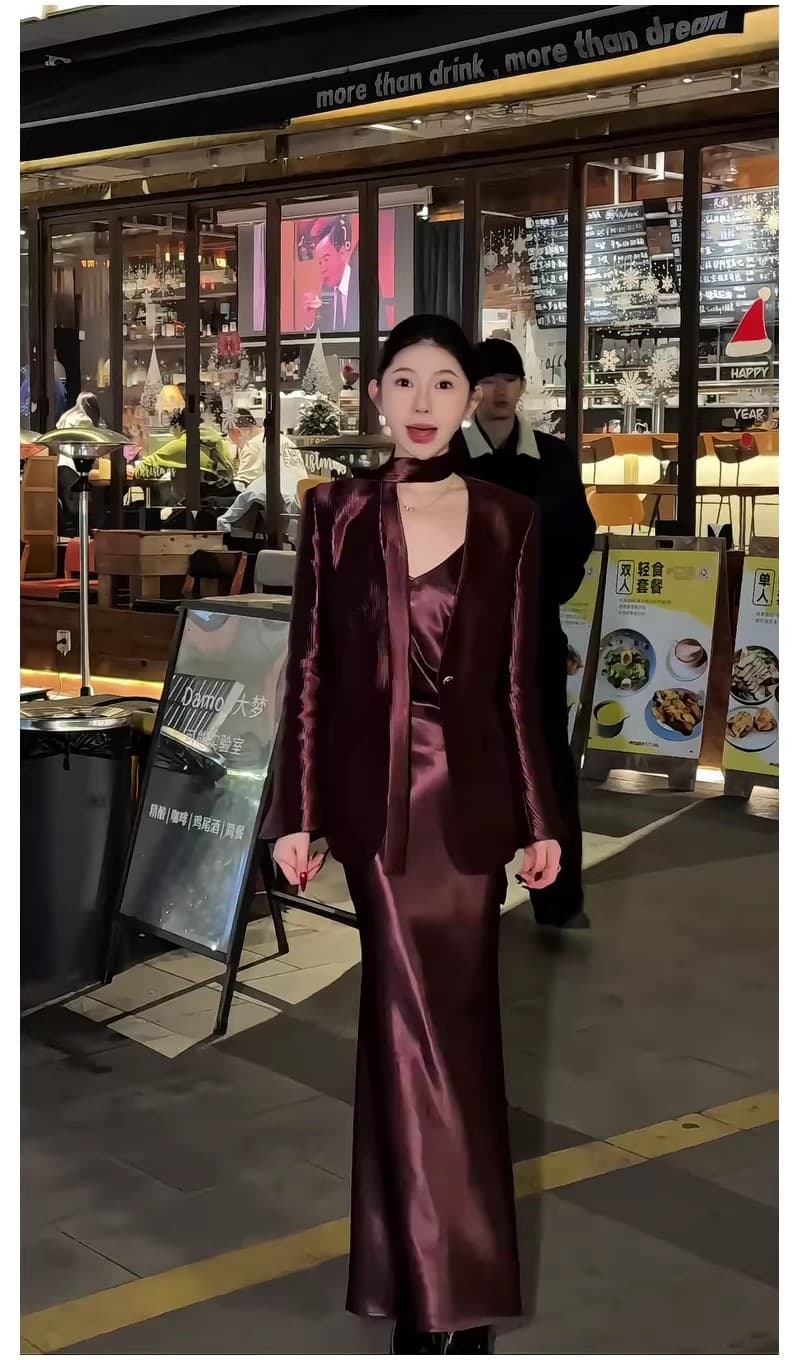 고급 센스 품격 정장 세트 여성 2026 봄 새로운 아세트산 새틴 정장 재킷 슬립 드레스 투피스 세트 이미지 4