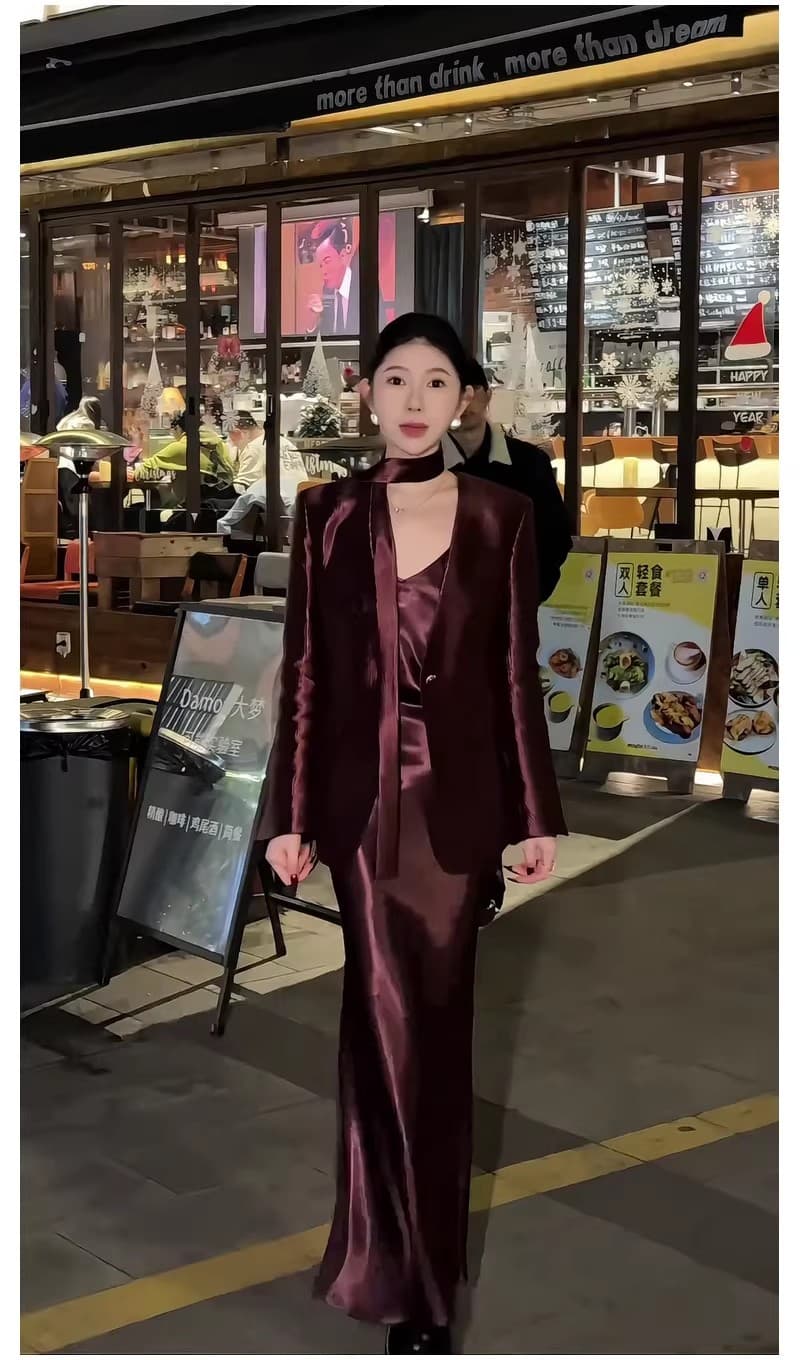 고급 센스 품격 정장 세트 여성 2026 봄 새로운 아세트산 새틴 정장 재킷 슬립 드레스 투피스 세트 이미지 5
