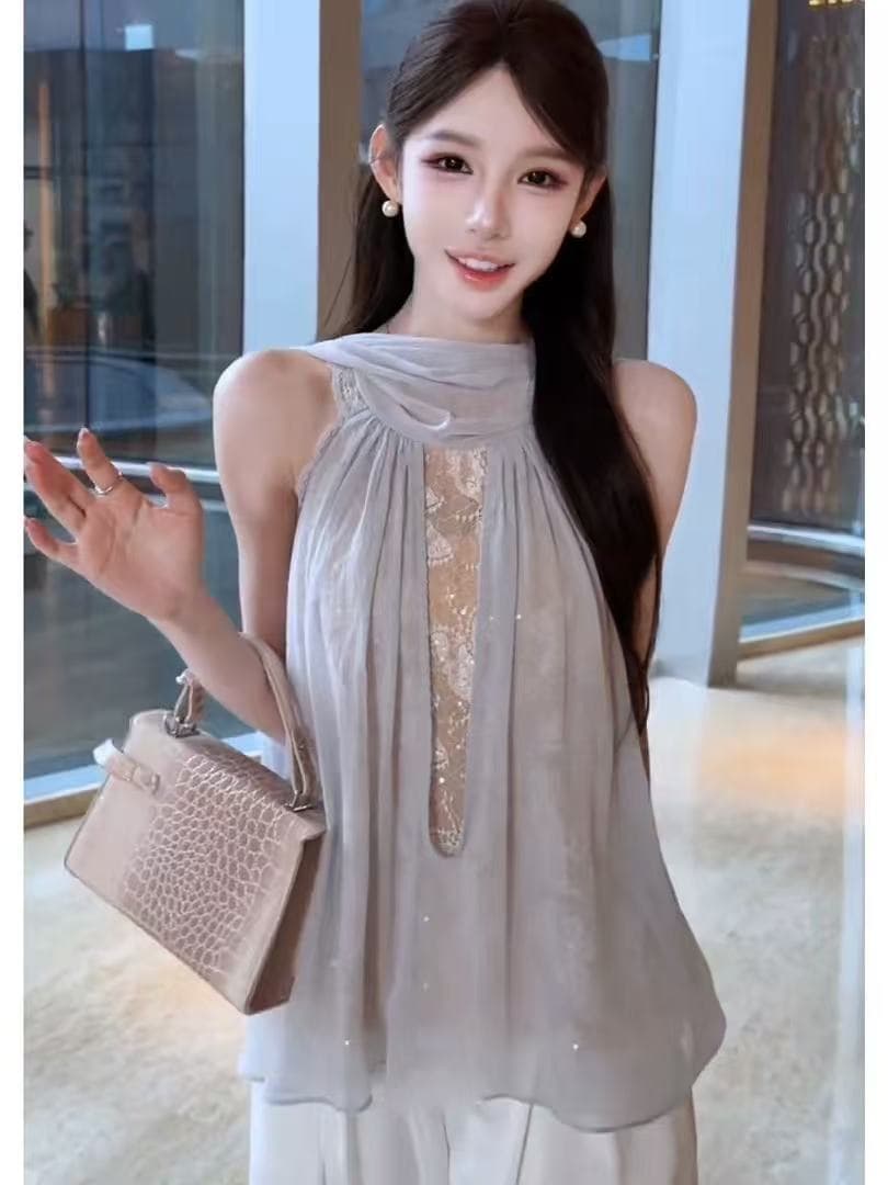 핑크색 pink Tulle 달빛 디자인 센스 프랑스식 품격 패치워크 레이스 작은 대중 민소매 허리 수축 맨위 여성 이미지 2