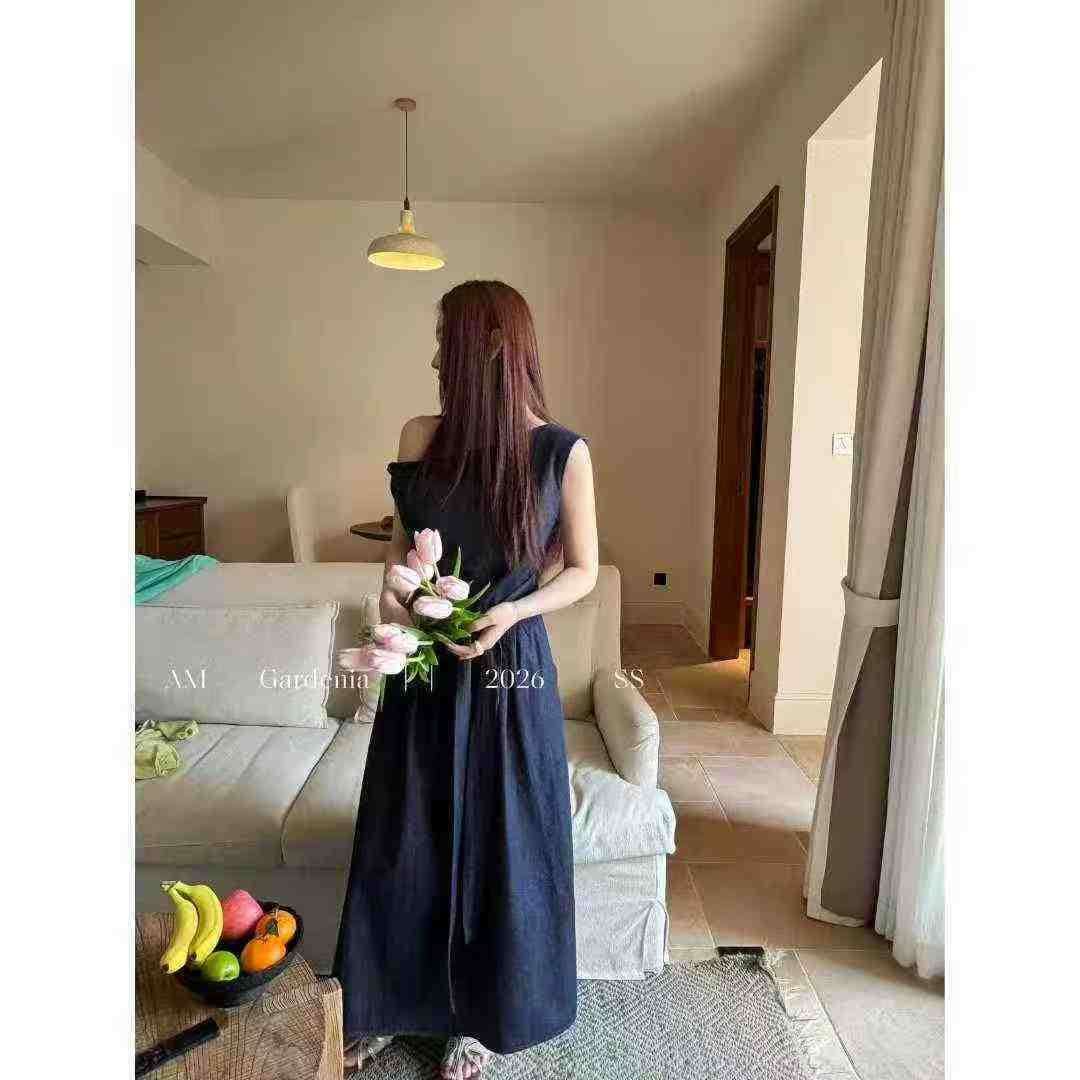내해 한 세대 디자인 센스 하얀 달빛 고치형 허리 스트랩 민소매 꽃밭 조끼 스커트 드레스 보 주님 같은 단락 이미지 3