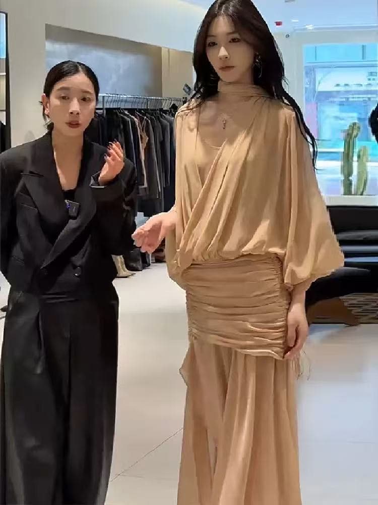 프랑스식 명문 여성 캐주얼 쉬폰 세트 드레스 여성 2026 새로운 술 리본 쇼트 스타일 셔츠 반신 스커트 투피스 세트 상세 이미지 3