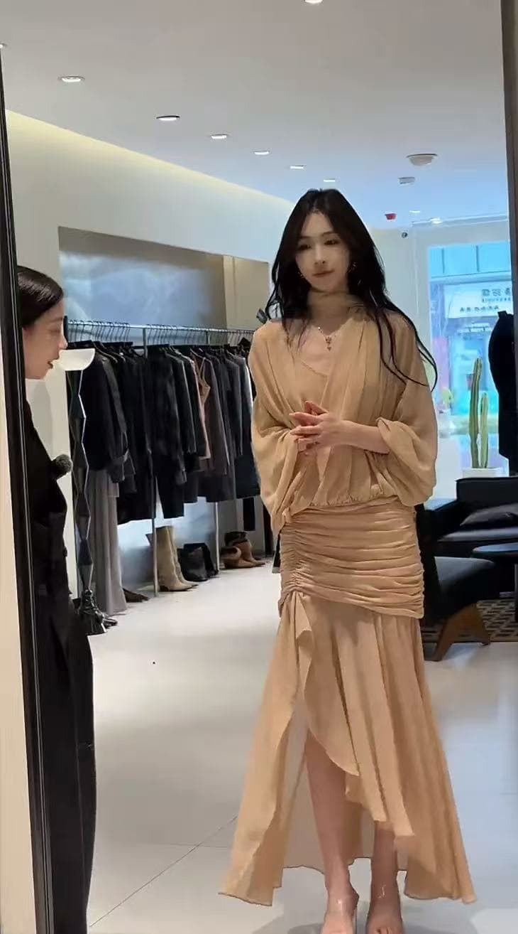 프랑스식 명문 여성 캐주얼 쉬폰 세트 드레스 여성 2026 새로운 술 리본 쇼트 스타일 셔츠 반신 스커트 투피스 세트 상세 이미지 6