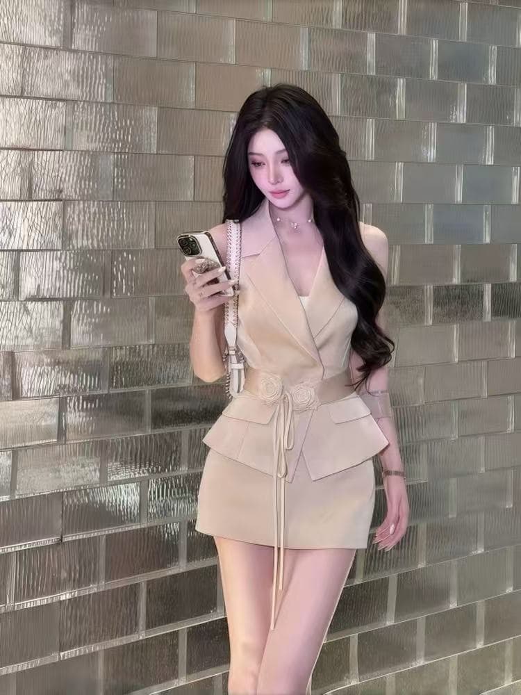 작은 Connaught 나는 몸매 가꾸기 베스트 슬림해 보이는 오프숄더 맨위 외국 가스 타이트 스커트 순수한 욕망 바람 미니 스커트 투피스 슈트 여성 이미지 2
