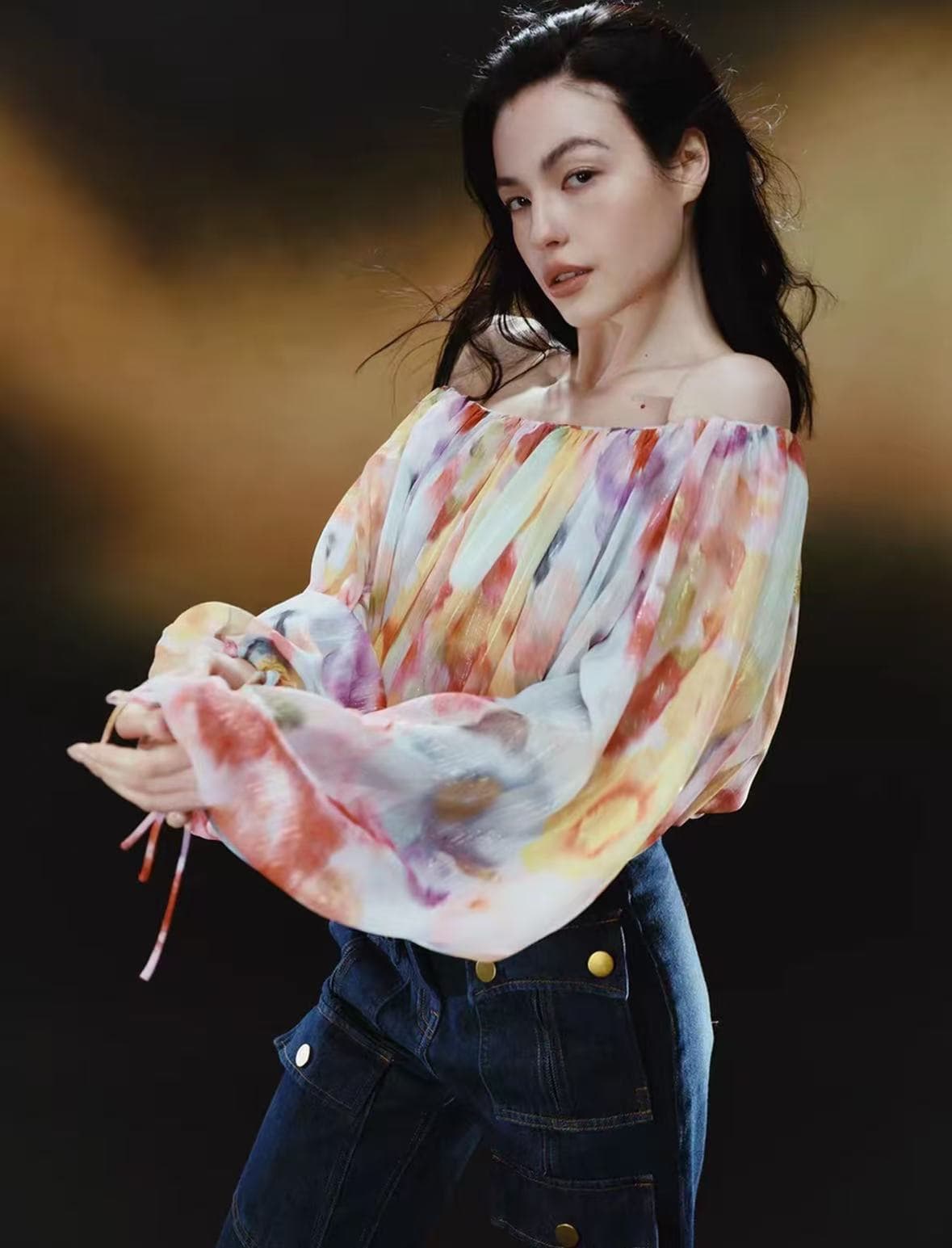 ~로 운전 해 가다 차 기장 광택 실 크리스탈 실 오프숄더 맨위 여름 새로운 홀치기 염색 거품 소매 쇼트 스타일 셔츠 상세 이미지 11