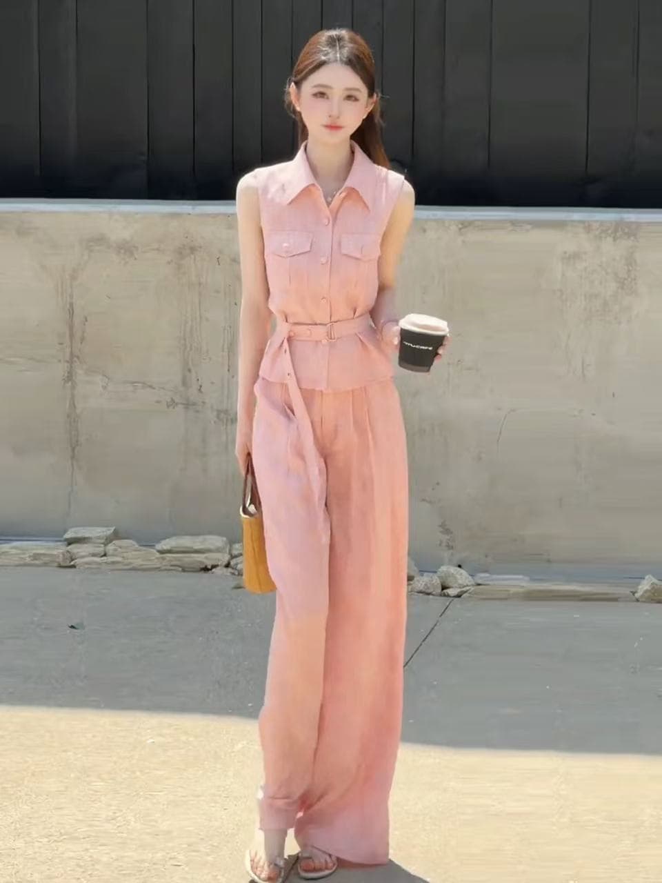 느슨함 센스 착용 가져 가라. 여름 ootd 전체 집합 튀김 거리 연령 감소 민소매 워크웨어 셔츠 와이드 레그 팬츠 투피스 슈트 여성 상세 이미지 3