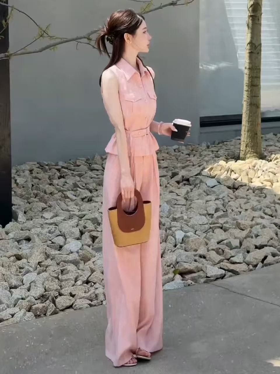느슨함 센스 착용 가져 가라. 여름 ootd 전체 집합 튀김 거리 연령 감소 민소매 워크웨어 셔츠 와이드 레그 팬츠 투피스 슈트 여성 상세 이미지 4