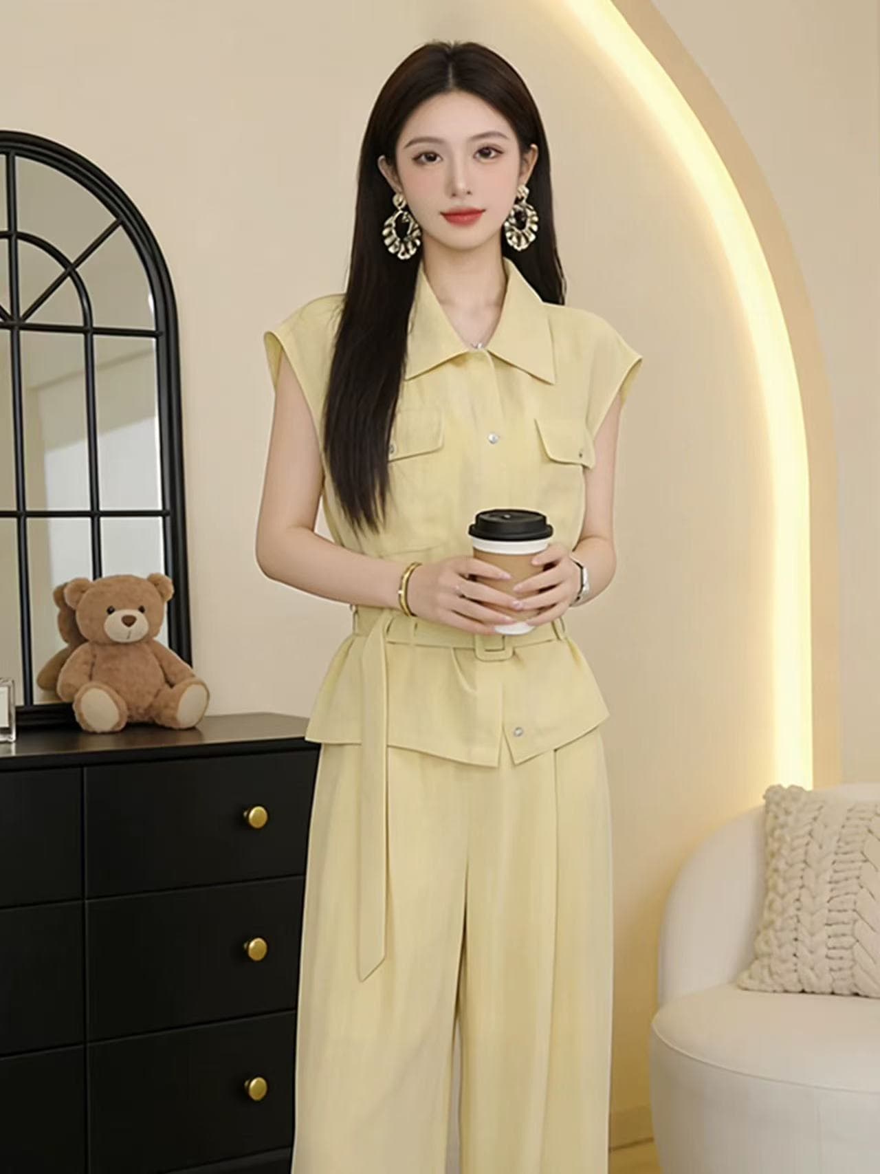 느슨함 센스 착용 가져 가라. 여름 ootd 전체 집합 튀김 거리 연령 감소 민소매 워크웨어 셔츠 와이드 레그 팬츠 투피스 슈트 여성 이미지 4