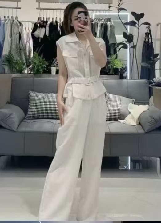 느슨함 센스 착용 가져 가라. 여름 ootd 전체 집합 튀김 거리 연령 감소 민소매 워크웨어 셔츠 와이드 레그 팬츠 투피스 슈트 여성 이미지 5