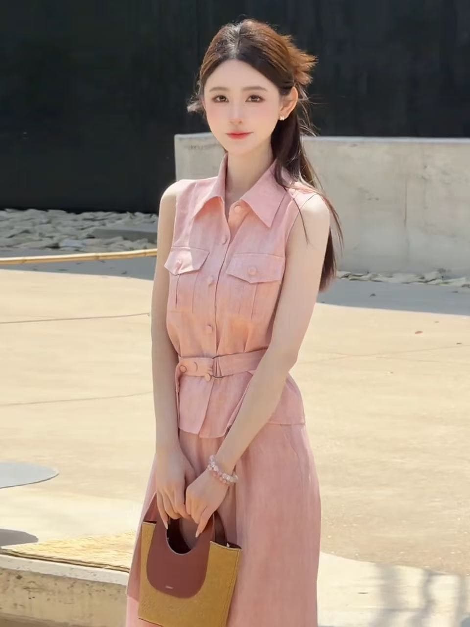느슨함 센스 착용 가져 가라. 여름 ootd 전체 집합 튀김 거리 연령 감소 민소매 워크웨어 셔츠 와이드 레그 팬츠 투피스 슈트 여성 상세 이미지 3