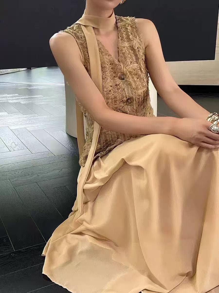 2026 프랑스식 레트로 자수 V넥 민소매 작은 샤넬 스타일 조끼 여자 여름 하이웨이스트 슬림해 보이는 빅 플레어 스커트 투피스 세트 상세 이미지 1