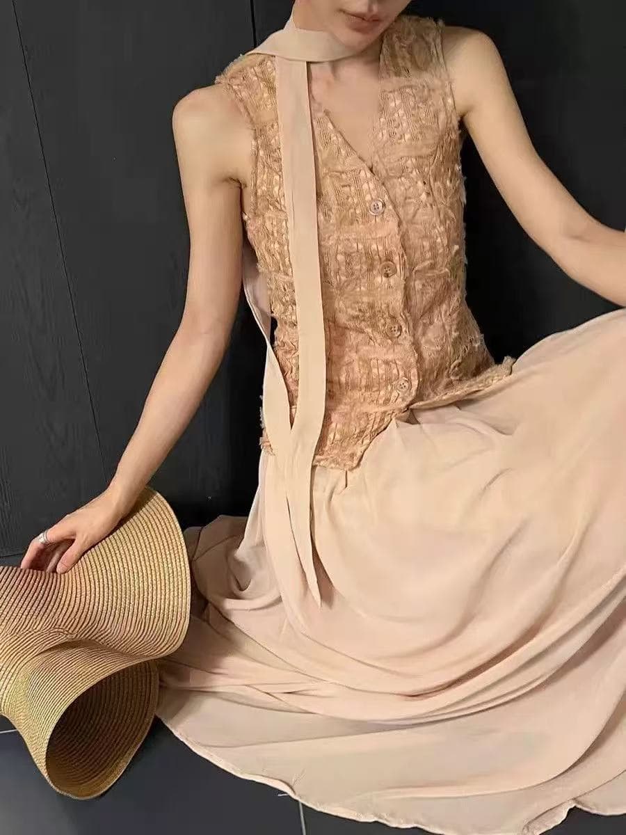 2026 프랑스식 레트로 자수 V넥 민소매 작은 샤넬 스타일 조끼 여자 여름 하이웨이스트 슬림해 보이는 빅 플레어 스커트 투피스 세트 상세 이미지 7